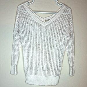 Guess Women Sweater Small White Open Knit 3/4 Sleeve V- Neck